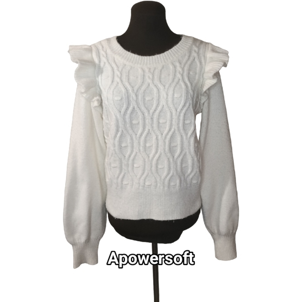 White Puff Sleeve Ruffle Knit Sweater